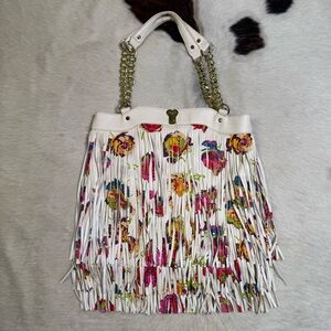 Betsey Johnson Fringe Floral Bag | White Leather Boho Y2K Shoulder Bag